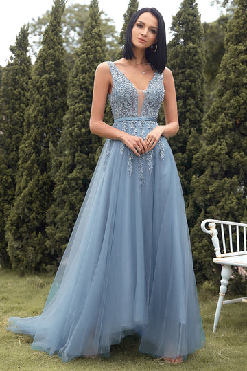 A-Line Long Blue Ball Dress with Appliques